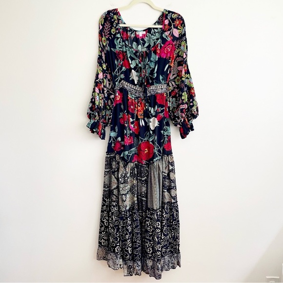 Karma Highway maxi dress long sleeve balloon tiered belted Gypsy boho festival - Picture 1 of 16